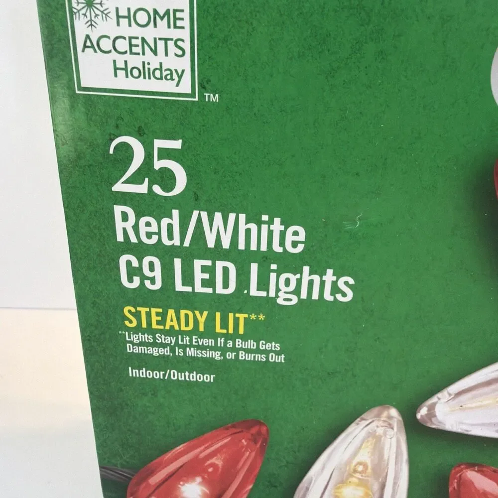 Indoor Outdoor C9 Christmas 25 Light Strand RED & WHITE LED Super Bright NIB